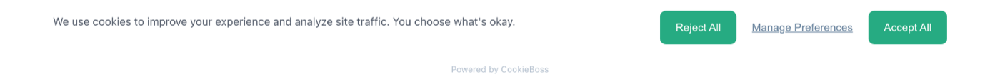 The CookieBoss banner on cookieboss.io: Reject All and Accept All as equal buttons, with Manage Preferences between them