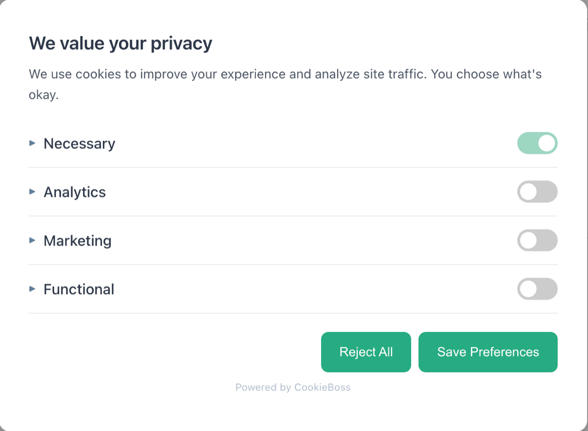 The CookieBoss preferences layer: Necessary on, Analytics, Marketing and Functional off by default